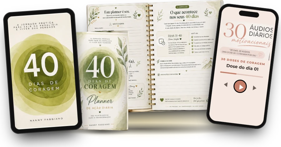 Livro digital 40 Dias de Coragem, Planner 40 Dias de Coragem e os áudios 30 Doses de Coragem no celular